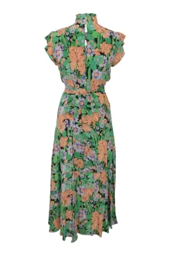 Green silk floral print tie-neck keyhole-front A-line midi dress with flutter sleeves and self-tie waist fastening