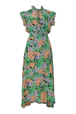 Green silk floral print tie-neck keyhole-front midi A-line dress with ruffle collar, flutter sleeves, and self-tie waist fastening