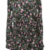 Green silk floral print wrap-effect long sleeve blouson dress with pintuck hip and sarong-style ruffled skirt