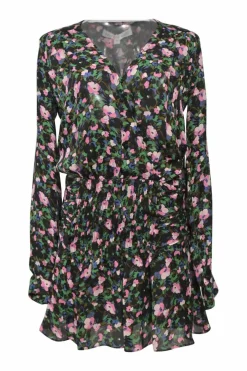 Green silk floral print wrap-effect long sleeve blouson dress with pintuck hip and sarong-style ruffled skirt