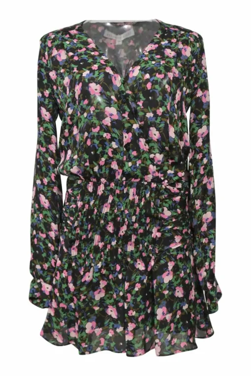 Green silk floral print wrap-effect long sleeve blouson dress with pintuck hip and sarong-style ruffled skirt