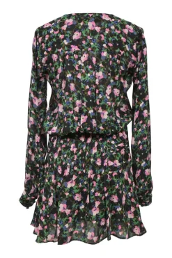 Green silk floral print wrap-effect long sleeve blouson dress with pintuck hip and sarong-style ruffled skirt
