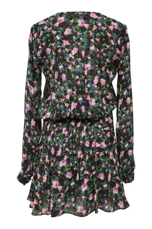 Green silk floral print wrap-effect long sleeve blouson dress with pintuck hip and sarong-style ruffled skirt