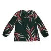 Green silk leaf print tie-neck keyhole front swing-style blouse with blouson sleeves