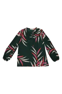Green silk leaf print tie-neck keyhole front swing-style blouse with blouson sleeves