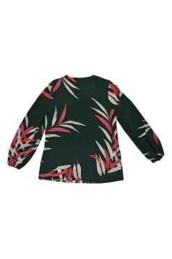 Green silk leaf print tie-neck keyhole front swing-style blouse with blouson sleeves