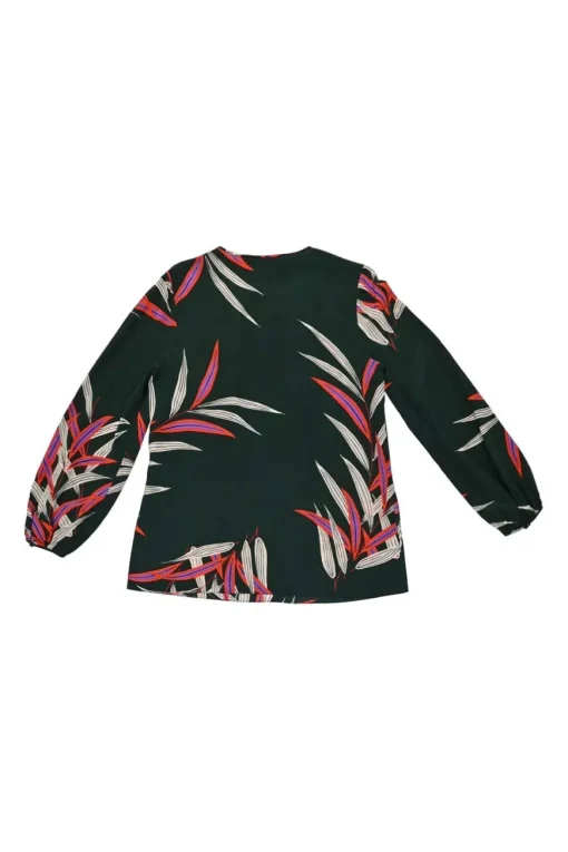 Green silk leaf print tie-neck keyhole front swing-style blouse with blouson sleeves