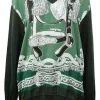 Green silk V-neck Twillaine pullover sweater featuring 'Bride de Cœur' motif by Françoise de la Perrière