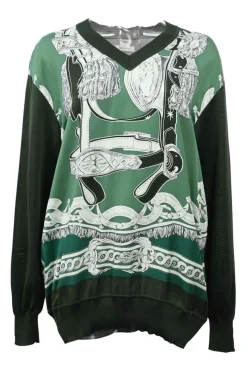 Green silk V-neck Twillaine pullover sweater featuring 'Bride de Cœur' motif by Françoise de la Perrière
