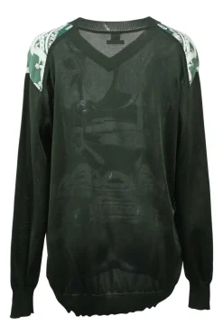 Green silk V-neck Twillaine pullover sweater featuring 'Bride de Cœur' motif by Françoise de la Perrière