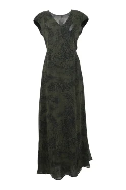 Green silkabstract leopard print cap sleeve A-line midi dress with adjustable self-tie fastening