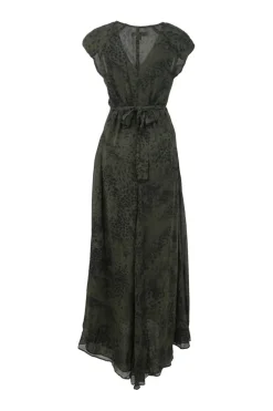 Green silkabstract leopard print cap sleeve A-line midi dress with adjustable self-tie fastening