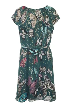 Green silk-blend georgette butterfly print V-neck cap sleeve mini dress with adjustable self-tie at waist