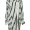 Green silk-blend striped zip-up shirt dress with asymmetric dagger collar and bishop sleeves