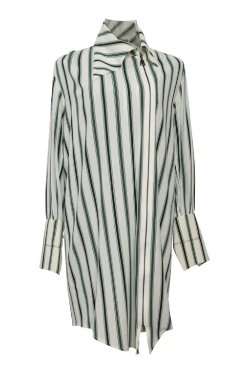 Green silk-blend striped zip-up shirt dress with asymmetric dagger collar and bishop sleeves