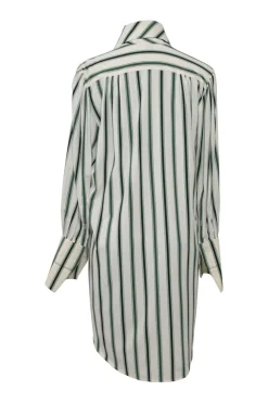 Green silk-blend striped zip-up shirt dress with asymmetric dagger collar and bishop sleeves