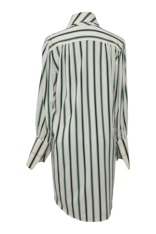 Green silk-blend striped zip-up shirt dress with asymmetric dagger collar and bishop sleeves
