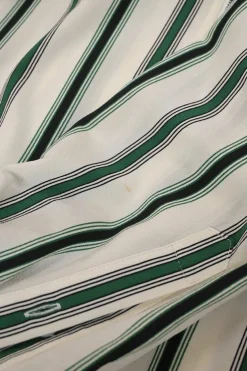 Green silk-blend striped zip-up shirt dress with asymmetric dagger collar and bishop sleeves