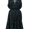 Green silk-blend zebra intarsia knit wrap-effect plunge neck A-line dress with keyhole back