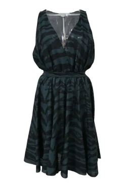 Green silk-blend zebra intarsia knit wrap-effect plunge neck A-line dress with keyhole back