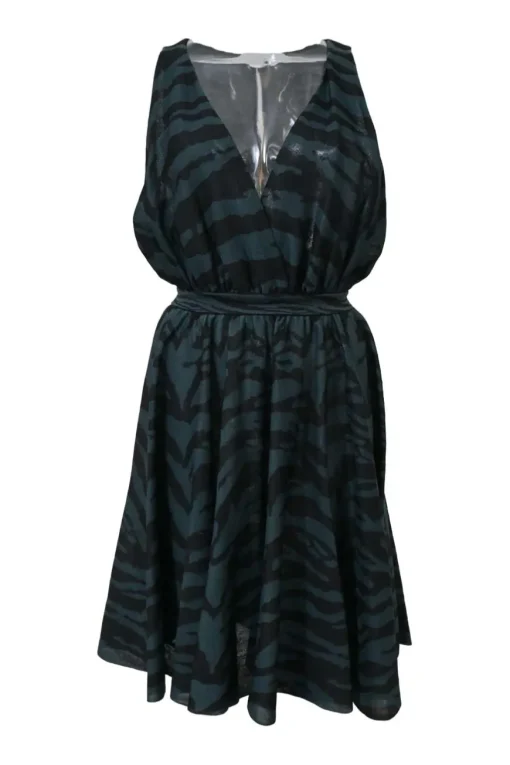 Green silk-blend zebra intarsia knit wrap-effect plunge neck A-line dress with keyhole back