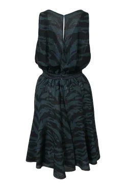 Green silk-blend zebra intarsia knit wrap-effect plunge neck A-line dress with keyhole back