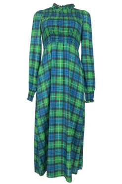Green smocked lyocell Glen check long sleeve midi A-line dress with ruffled collar and cuffs