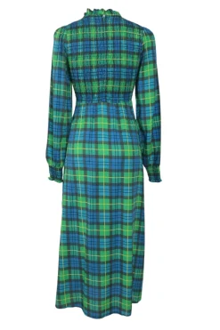 Green smocked lyocell Glen check long sleeve midi A-line dress with ruffled collar and cuffs