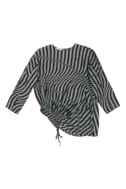 Green striped cotton voile drawstring cutout side cropped sleeve top