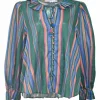 Green striped cotton voile tie-neck swing-style tunic blouse with keyhole front and button-loop fastening