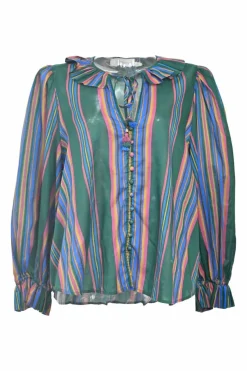 Green striped cotton voile tie-neck swing-style tunic blouse with keyhole front and button-loop fastening