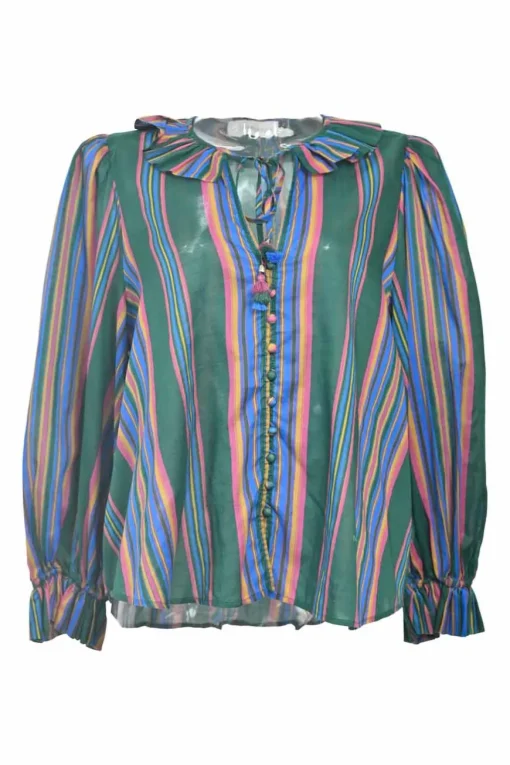 Green striped cotton voile tie-neck swing-style tunic blouse with keyhole front and button-loop fastening
