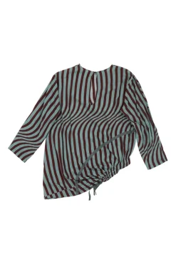 Green striped cotton voile drawstring cutout side cropped sleeve top