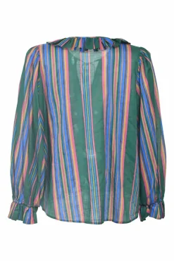Green striped cotton voile tie-neck swing-style tunic blouse with keyhole front and button-loop fastening