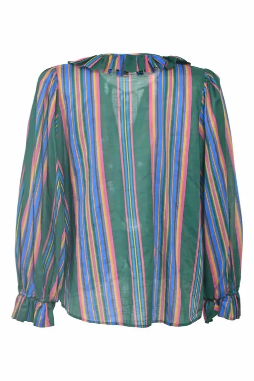 Green striped cotton voile tie-neck swing-style tunic blouse with keyhole front and button-loop fastening