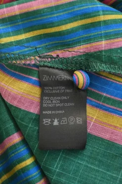 Green striped cotton voile tie-neck swing-style tunic blouse with keyhole front and button-loop fastening