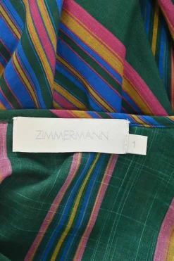 Green striped cotton voile tie-neck swing-style tunic blouse with keyhole front and button-loop fastening