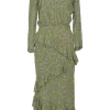 Green Tenise Ruffled Printed Silk Crepe de Chine Maxi Dress