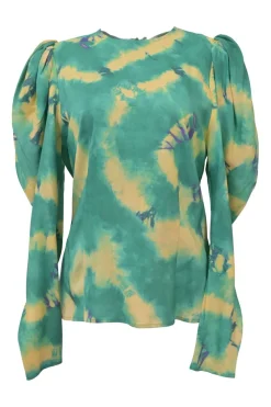 Green tie-dye silk balloon sleeve top