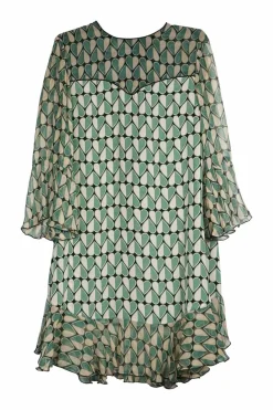 Green two-tone silk georgette heart print pullover flounce shift dress