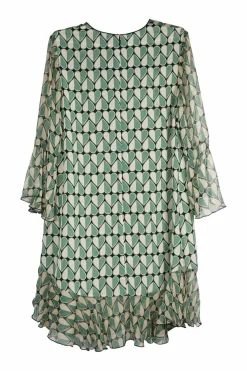 Green two-tone silk georgette heart print pullover flounce shift dress