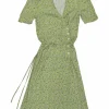 Green viscose floral print wrap button-front A-line dress with self-tie fastening at waist