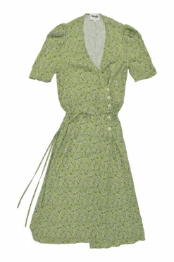 Green viscose floral print wrap button-front A-line dress with self-tie fastening at waist