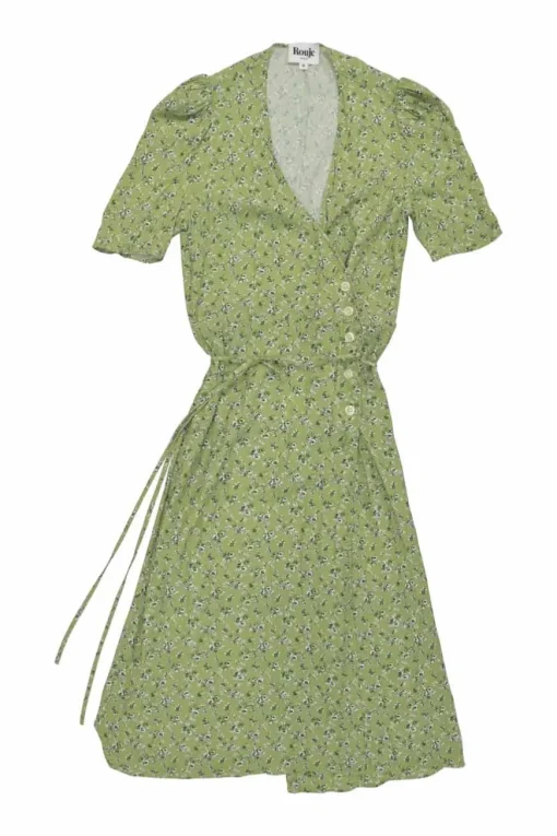 Green viscose floral print wrap button-front A-line dress with self-tie fastening at waist