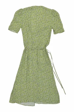Green viscose floral print wrap button-front A-line dress with self-tie fastening at waist