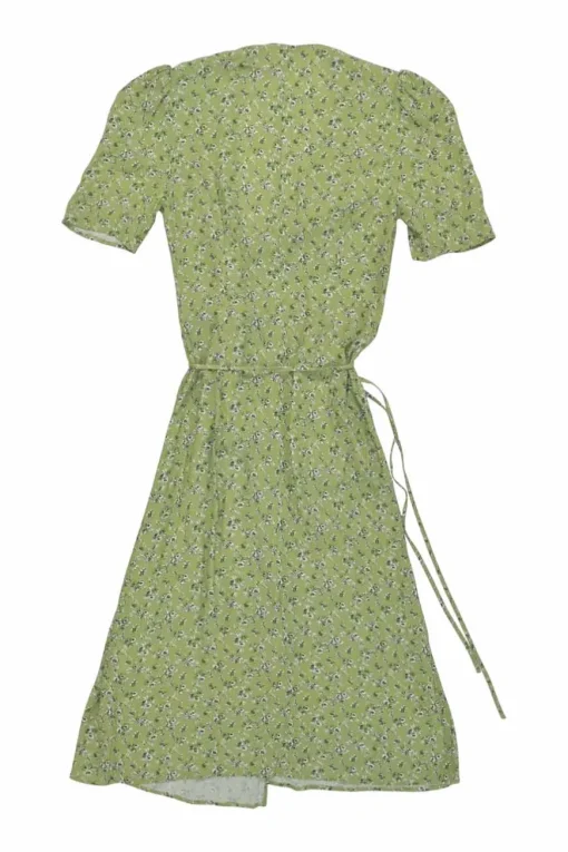 Green viscose floral print wrap button-front A-line dress with self-tie fastening at waist
