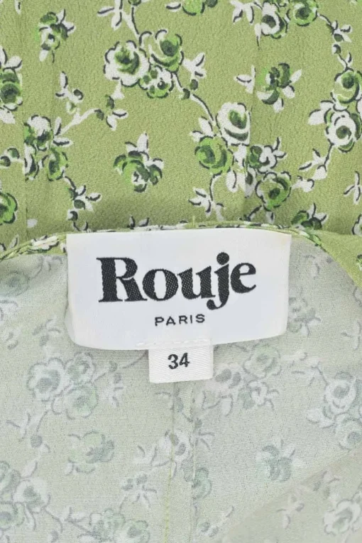 Green viscose floral print wrap button-front A-line dress with self-tie fastening at waist