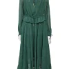 Green viscose peek-a-boo long sleeve midi dress with drawstring neckline and waist