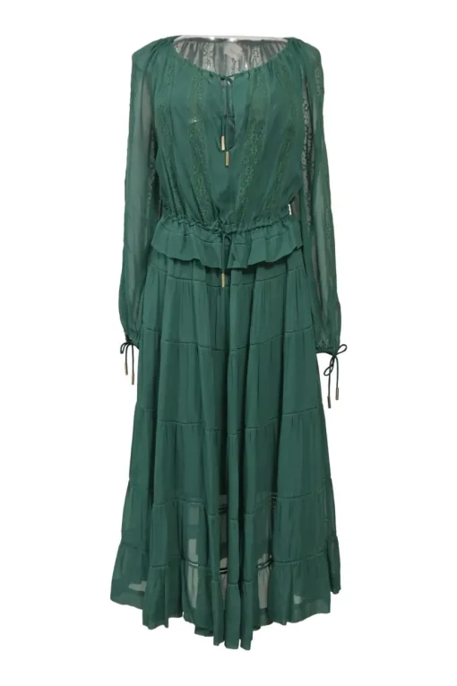 Green viscose peek-a-boo long sleeve midi dress with drawstring neckline and waist