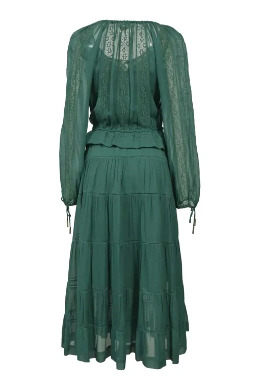 Green viscose peek-a-boo long sleeve midi dress with drawstring neckline and waist